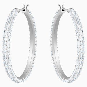 STONE HOOP PIERCED EARRINGS, WHITE, RHODIUM PLATED